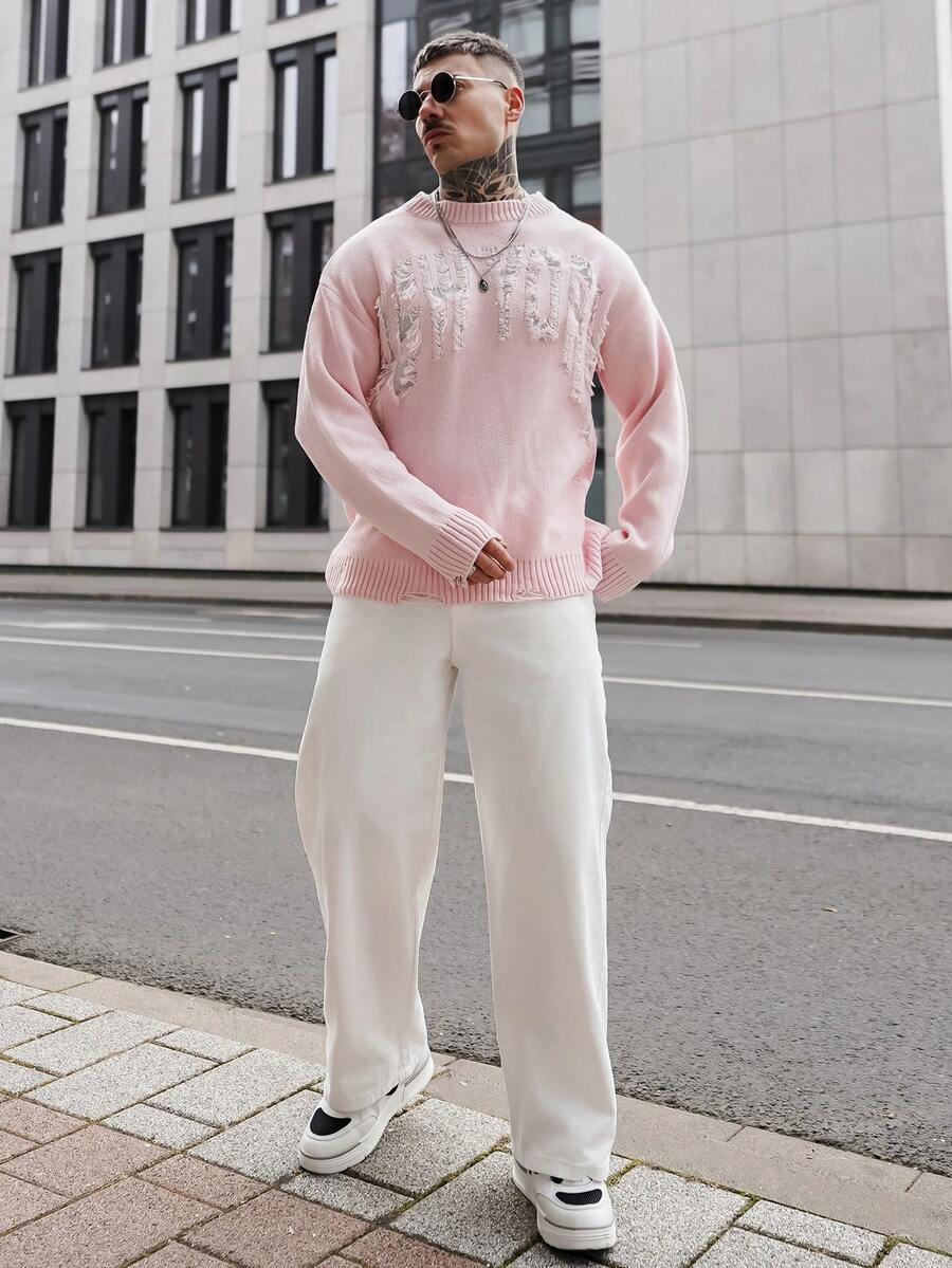 Artur Kramer 男士字母做旧圆领长袖休闲毛衣，秋冬 - 粉色 - 查看 1