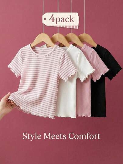 4 Pack Toddler Girl Baby Girls Outfit SS Style Cute Pink Tops Black Top Striped Polka Dot Aesthetic Short Sleeve Lettuce Trim Squishy Soft Tees Shirts Blusas T-Shirts For Summer Vacation Daily Wearing Season
