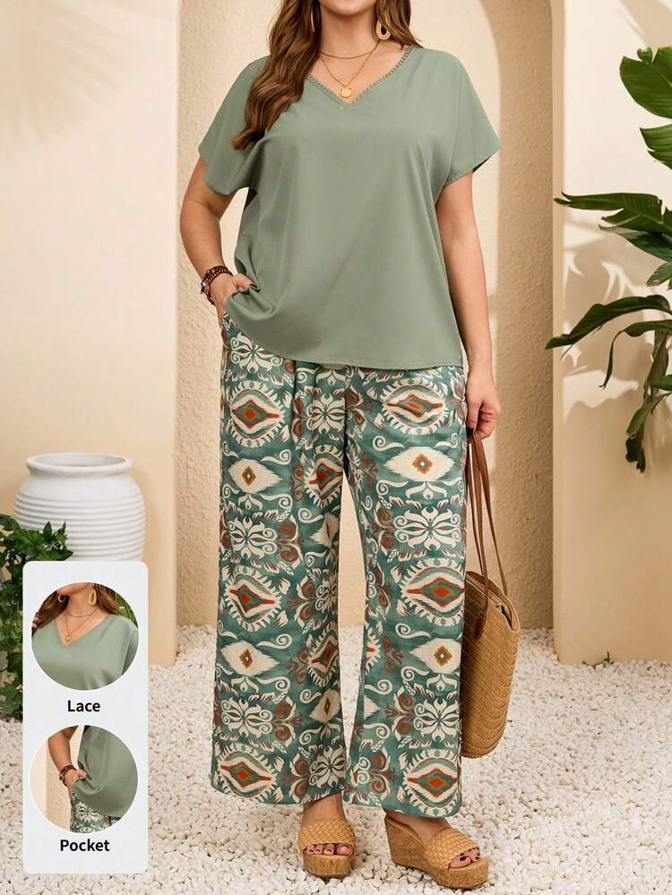 Plus Size Casual Solid Color Top And Allover Print Pants 2 Pieces Set Summer Tops   Summer Outfits Summer Clothes Spring Dress Spring Outfit Women Spring Clothing Beach Vacation Outfits For Women Vacation Dress Bohemian   Festival Outfits For Women Beach Outfits For Women Women's Summer Two-Piece Sets Women Outfits Sets Women Spring Outfit Women Vacation Outfit Sets
