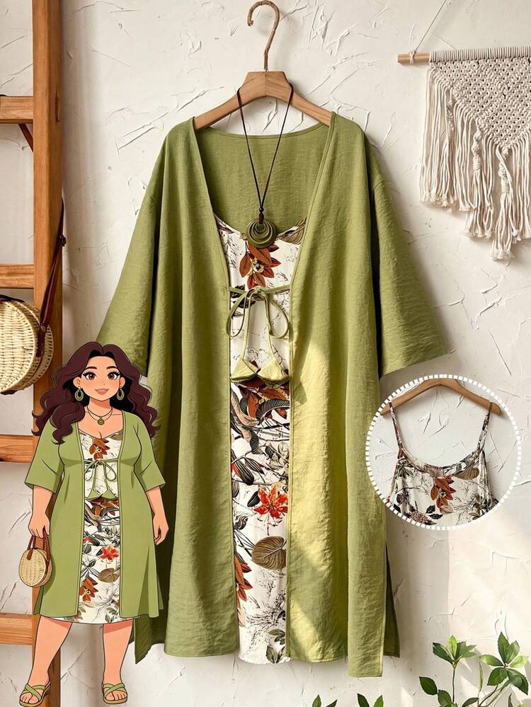 Plus Size Solid Color Jacket And Floral Print Camisole Dress 2-Piece Set Summer Outfits Summer Clothes  Spring  Spring Outfit Women Spring Clothes Country Style For Women  Green Floral Dress Women Kimono Dress