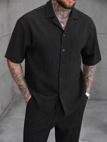 SLATEMANN 男士黑色夏季休閒城市度假風優雅條紋提花短袖單口袋襯衫與抽繩鬆緊腰長褲套裝，適合派對、辦公室、正式場合 - 黑色 - 查看 4