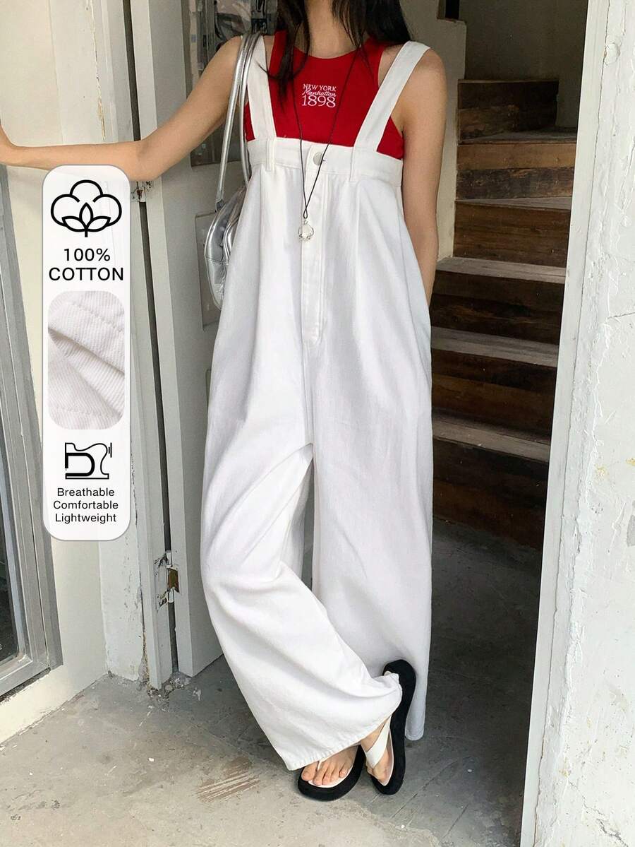 DAZY 女士及女孩休闲水洗牛仔宽松直筒背带连体裤 - 白色 - 查看 1