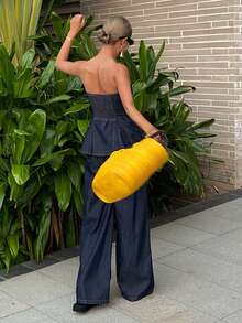 DAZY Conjunto casual de verano con top de corpiño con bajo en línea A y jeans rectos holgados - Azul lavado oscuro - Ver 4