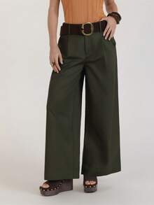 CielaLinda Women Army Green Pants With Pockets Solid Color Pants - Army Green - View 3
