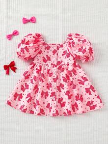 SHEIN Baby Girl Cute Bow Print Petal Sleeve Dress, Summer - Pink - View 1