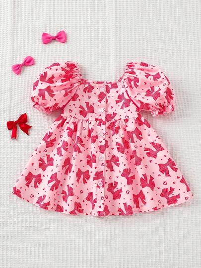 SHEIN Baby Girl Cute Bow Print Petal Sleeve Dress, Summer