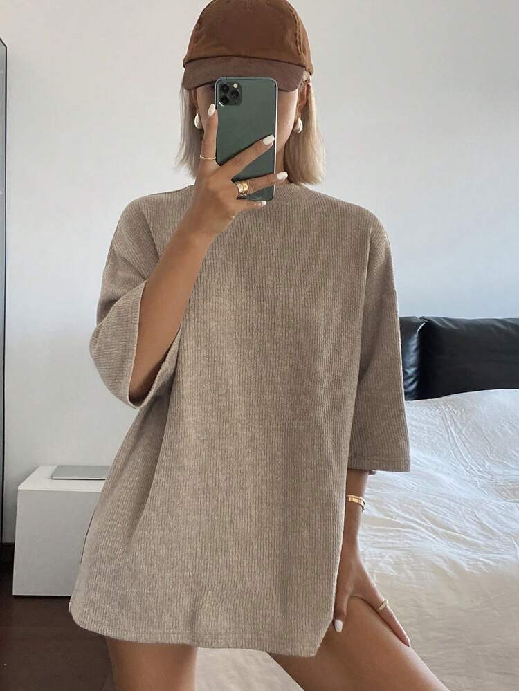 Khaki Loose Casual Business Short Sleeve T-Shirt For Women, Spring/Summer
