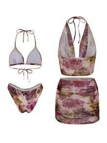 Bonvoyette 4件套女士扎染露背性感泳衣，适合海滩度假和夏季穿着 - 淡紫色 - 查看 8