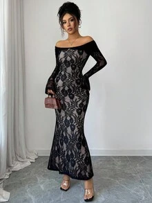 Glyssa 女式复古法式针织蕾丝露肩修身长袖连衣裙，适合秋冬季派对、庆典、正式场合 - 黑色 - 查看 4