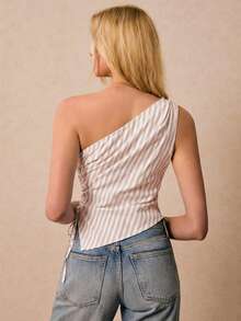 Poéselle Women's Casual Asymmetric Sleeveless Striped Top, Summer - Brown - View 3