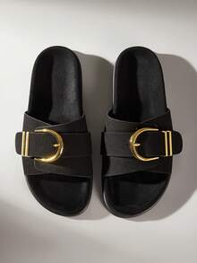 Women's Fashion Brown Comfortable Flat Beach Sandals For Christmas Summer Shoes - Black - View 2