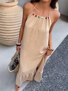 Selianne 1件装 女士休闲串珠褶皱A字喇叭形露背沙滩度假连衣裙，春夏款 - 卡其色 - 查看 6