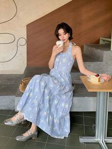 DAZY 女士吊带条纹花卉刺绣图案休闲度假约会连衣裙 - 藍色 - 查看 5