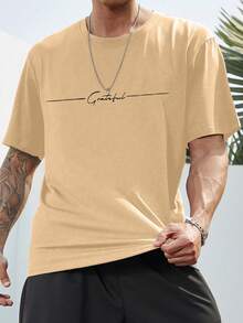 Manfinity Homme Áo thun nam cỡ lớn cổ tròn in chữ, tay ngắn, kiểu dáng thường ngày, đa năng. - Màu Khaki - Xem 4