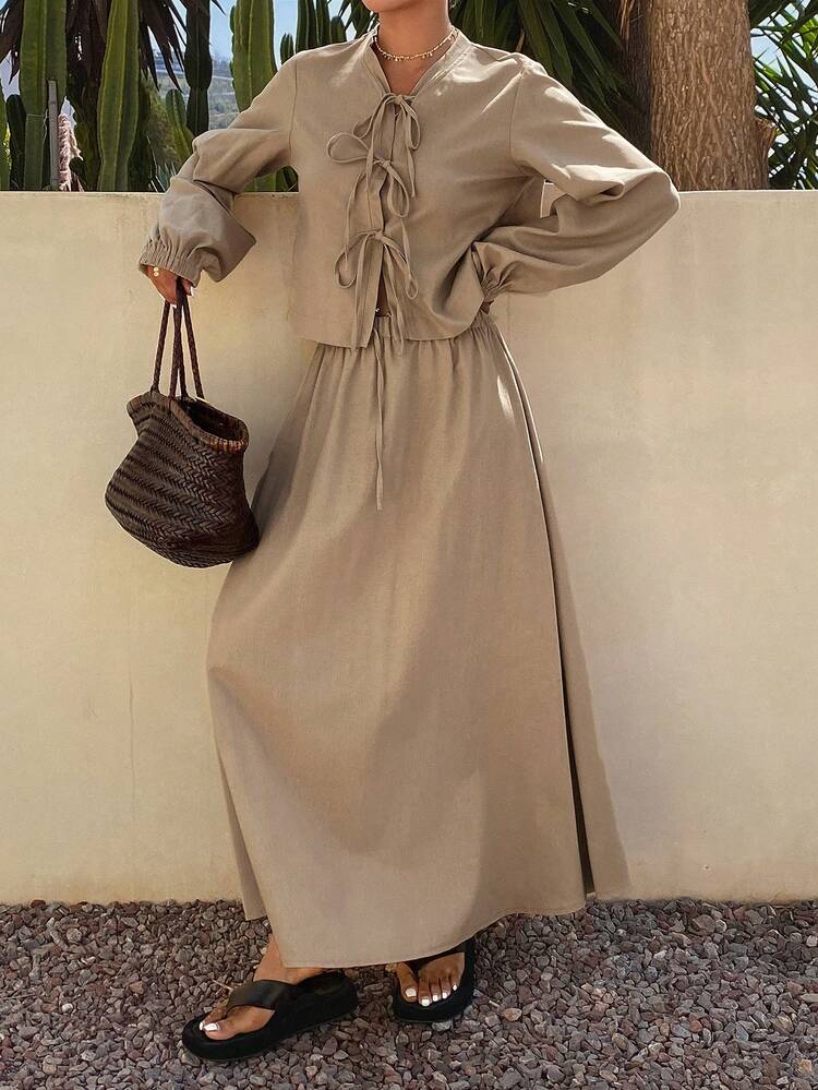 Women's Casual Solid Color Tie-Up Shirt And Mini Skirt 2-Piece Set, Spring/Summer