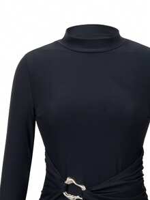 Swim Mulvari Women's New Black 2-Piece Swimwear Set With Belt, Long Sleeve High Neck Midi Dress And Slim Fit Pants, Conservative Modest Burkini For Spring/Summer Vacation - Black - View 8