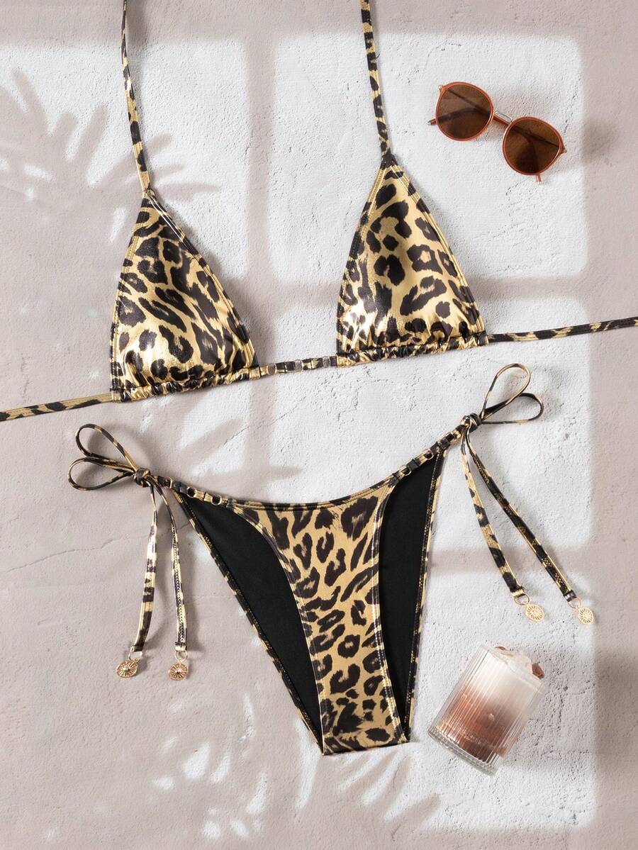 Swim SXY Women's Sexy Gold Foil Leopard Print Tie-Front Top And Tie-Side Bikini Bottom 2-Piece Swimwear Set, Summer Beach Vacation - Multicolor - View 1