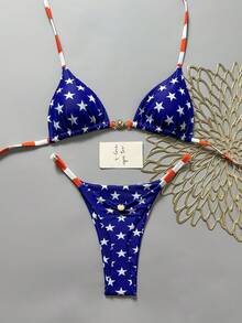 Swim Mod 女士美国国旗印花露背三角比基尼套装，褶皱丁字裤泳装，独立日海滩装扮，春夏美国比基尼两件套，一口价，女士泳装，Zestiva泳装，Yummy Control泳装，美国国旗泳装，美国泳装 - 彩色 - 查看 2
