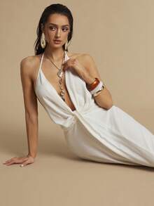 Silquee 女士纯色深V领系带露背优雅简约长连衣裙，夏季 - 白色 - 查看 7