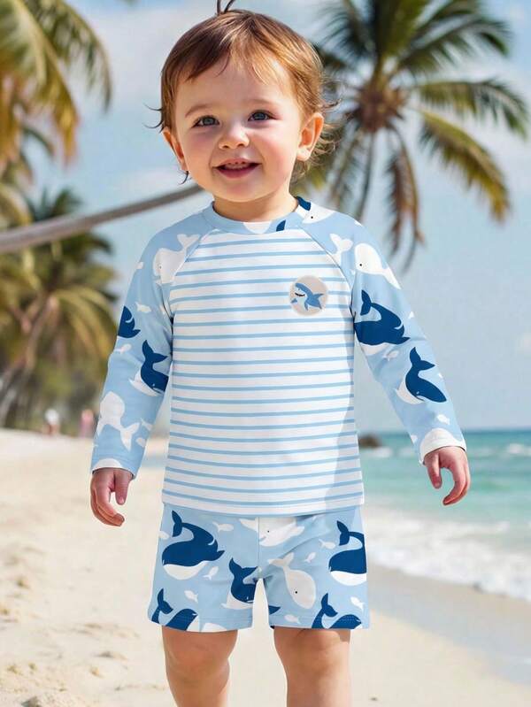 New Fashion Baby Boys Swimwear, Two-Piece Long Sleeve Shorts Swimsuit