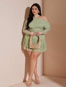 SHEIN BAE 大码女式不对称肩长袖上衣两件套，荷叶边层叠蛋糕裙套装，情人节套装，大码绿色夏季套装 - 綠色 - 查看 3