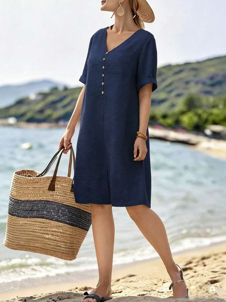 EMERY ROSE Plus Size Women V-Neck Simple Versatile Vacation Casual Comfortable Loose A-Line Midi Dress - Blue - View 1
