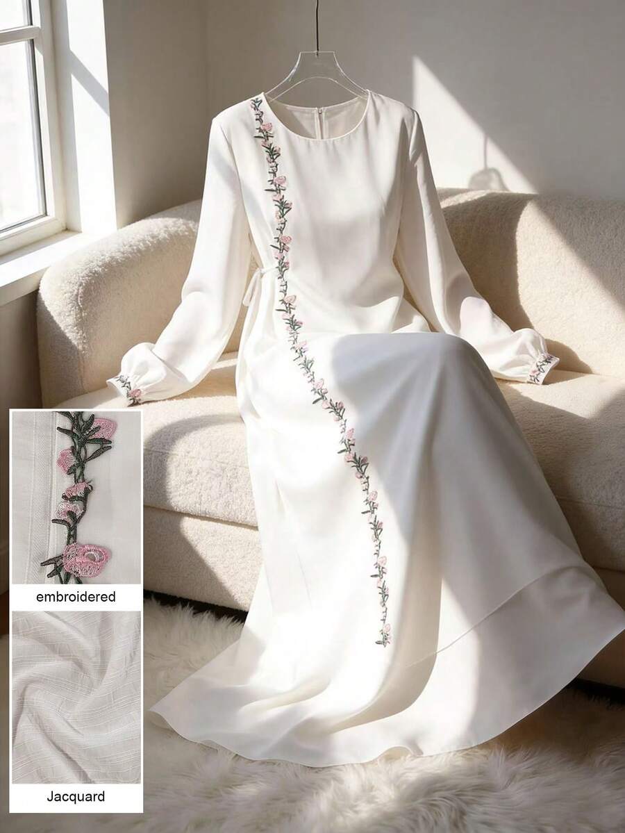 Al Najma Bata suelta de manga larga con encaje floral elegante y lazo lateral