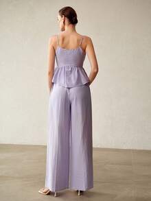 MOTF PREMIUM NUEVO ELEGANTE CONJUNTO DE TOP CAMISOLA PLISADO Y PANTALONES DE PIERNA ANCHA DE CINTURA ALTA DE LINO - Caqui - Ver 3