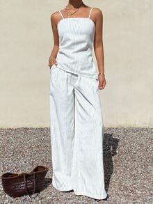 DAZY 女士条纹吊带背心和宽松褶皱阔腿裤度假风牛仔套装 - 白色 - 查看 8