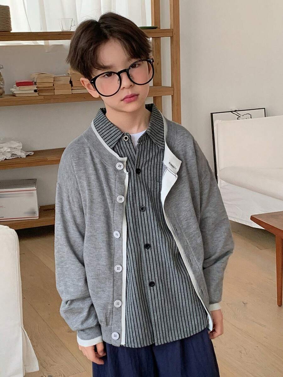 Dazy Kids Tween Boy Crew Neck Contrast Trim Front Button Long Sleeve Sweater Spring - Grey - View 1