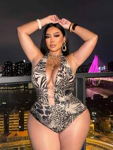 Swim SXY 2026 New Plus Size Halter Neck One-Piece Swimsuit, Sexy Deep V-Neck Backless Leopard Print, Fashion Party Beach Holiday - Brown - View 1