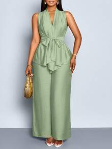 SOLERSUN Plus Size Elegant Commuter Solid Color Camisole And Pants 2 Pieces Set, Summer - Mint Green - View 4