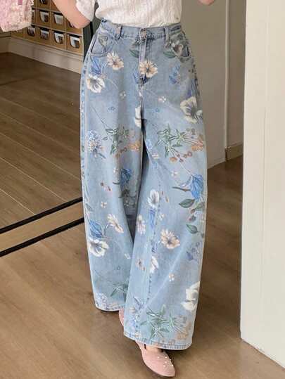 Dazy Plus Floral Print Straight Leg Long Plus Size Women Jeans Summer