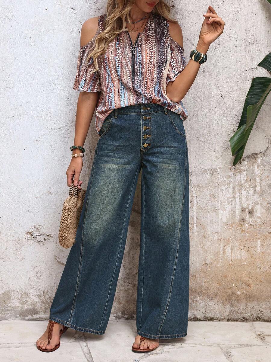 EMERY ROSE Women's Vacation Casual Washed Wide Leg Jeans - Blue - View 1