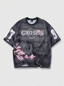 ROMWE MEN Prep Men's Summer Casual Floral & Numeric Print Hollow Out T-Shirt - Black - View 1