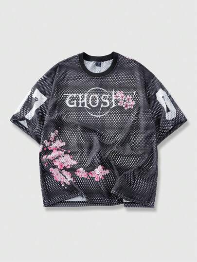 ROMWE MEN Prep Men's Summer Casual Floral & Numeric Print Hollow Out T-Shirt