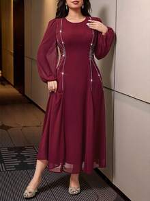Modelyn 大码水钻装饰优雅圆领长袖连衣裙 - 酒紅色 - 查看 6