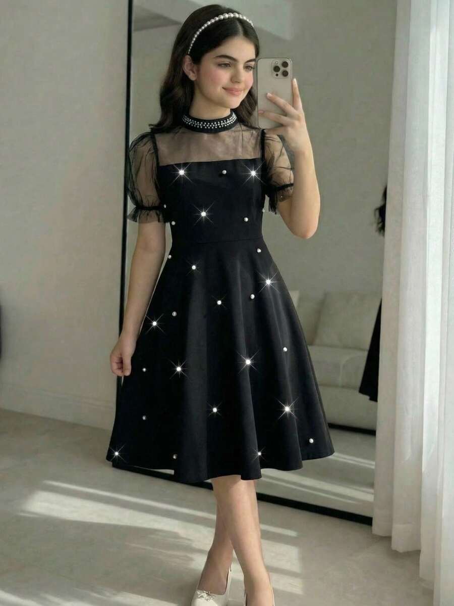 优雅奢华黑色网纱串珠连衣裙，适合晚宴、婚礼、花童、舞会及其他场合。 - 黑色 - 查看 1