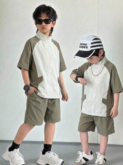 2pcs/Set Young Boys' Comfortable Daily Wear Loose Fit Korean Style Fashionable Striped Shirt & Contrast Color Shorts Set, Suitable For Spring/Summer, Daily Wear, Sports, Outings, School, Parties, Festivals, Photo Shoots, Back To School Season