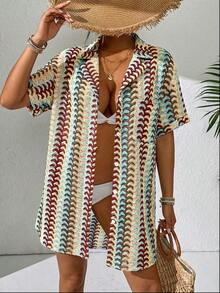 Swim Vcay Kimono de verano para mujer con abertura delantera de botones, hombros caídos, manga corta, estampado de rayas y encaje, para usar como cubierta en la playa - Caqui - Ver 1