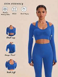 VARSIVA Solid Color Open Shoulder Fitted Cropped Sports T-Shirt - Royal Blue - View 3