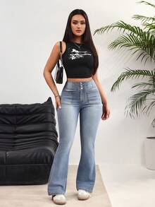 Rivivi Quần jeans nữ ống loe cạp cao, chất liệu denim mài, kiểu dáng thường ngày. - Rửa nhẹ - Xem 6