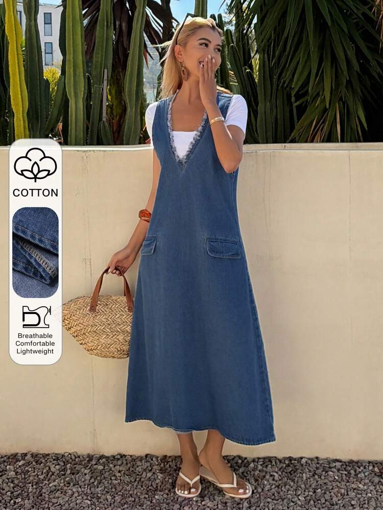 Women's Blue Cotton Fringe V-Neck Sleeveless Denim Vacation Dress, Summer Maxi Dress