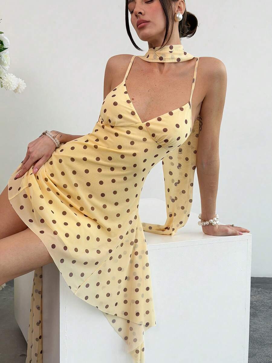 Aloruh 女士性感豹纹吊带迷你连衣裙，夏季 - 淡黃色 - 查看 1