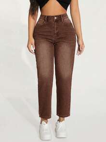 SHEIN PETITE 纯色口袋休闲百搭修身牛仔裤 - 咖啡棕 - 查看 6