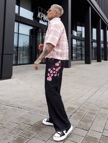 Artur Kramer Men's Street Fashion Casual Plaid Embroidered Floral Design Straight Leg Wide Leg Jeans Baggy Jeans With Design Valentine's Day Y2k Spring To Summer - Black - View 6