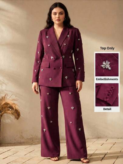 Anewsta Plus Size Women's Elegant Formal Chic Luxury Embellished Waist Slim Fit Blazer Jacket, Suitable For Party, Work, Graduation, Wedding, Etc.