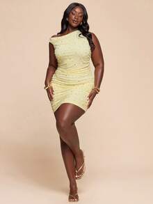 SHEIN BAE Asymmetric Ruched Sexy Bodycon Beaded Cocktail Dress - Yellow - View 4