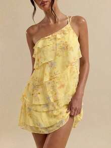 SHEIN BAE Yellow Floral Asymmetrical Shoulder Ruffle Layered Mini Dress, Spring/Summer - Yellow - View 1