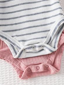 Bộ 4 món cho bé sơ sinh trai/gái, họa tiết sọc xanh dương dễ thương, áo liền quần ngắn tay và quần short, thích hợp mặc ở nhà và đi chơi. - Nhiều màu - Xem 4